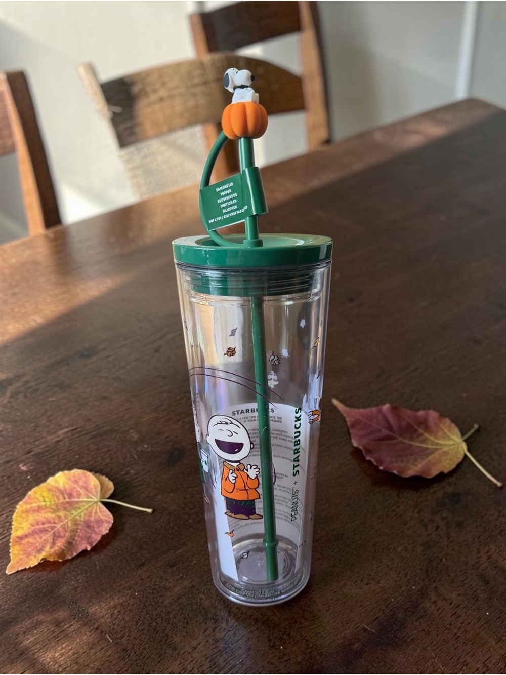 Starbucks Peanuts Green Tumbler with Pumpkin Charm Straw Special Edition NWT